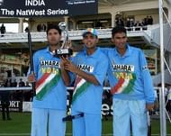 Ganguly (C) with Yuvraj Singh (L) and Mohammad Kaif (R) after winning the 2002 NatWest Trophy